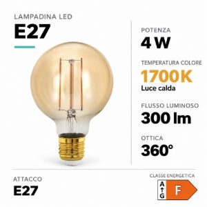 Eglo lampadina led e27 4w 1700k a globo ambrata 8cm a filamento dimmerabile