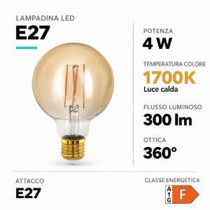 Eglo lampadina led e27 4w 1700k a globo ambrata 9,5cm a filamento dimmerabile