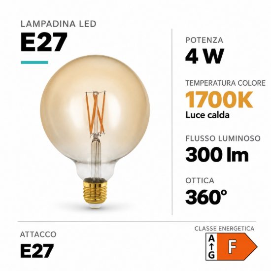 Eglo lampadina led e27 4w 1700k a globo ambrata 12,5cm a filamento dimmerabile