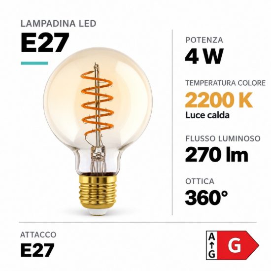 Eglo lampadina led e27 4w 2200k a globo ambrata 8cm con filamento a spirale