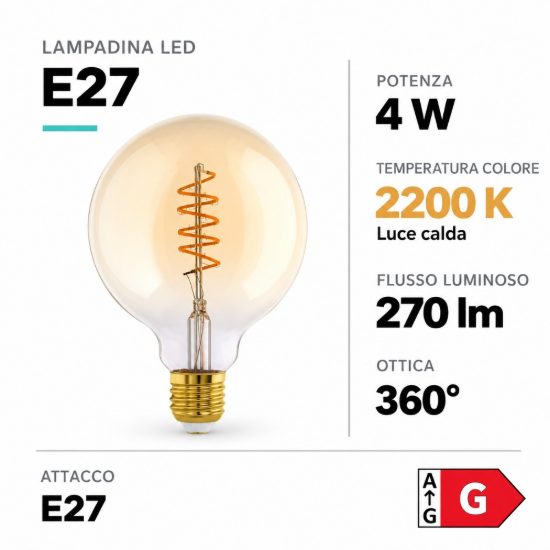 Eglo lampadina led e27 4w 2200k a globo ambrata 12,5cm con filamento a spirale
