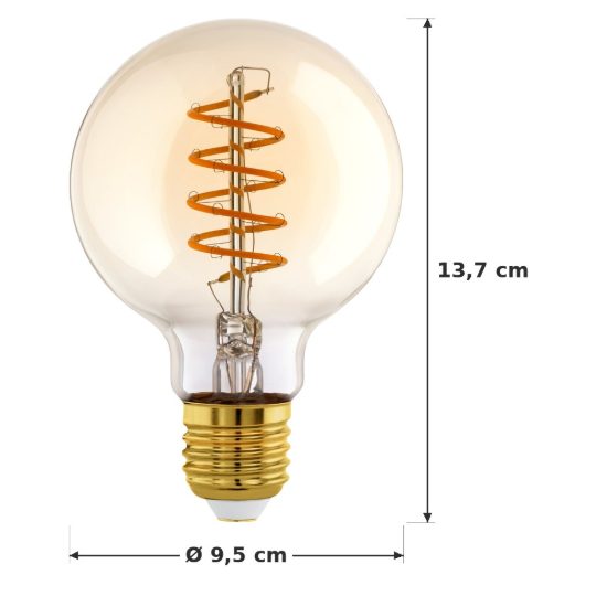 Eglo lampadina led e27 4w 2000k a globo ambrata 9,5cm con filamento a spirale dimmerabile