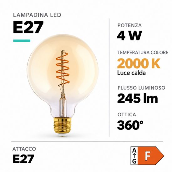 Eglo lampadina led e27 4w 2000k a globo ambrata 12,5cm con filamento a spirale dimmerabile