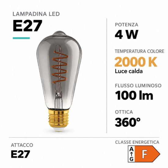 Eglo lampadina led e27 4w 2000k a oliva nera trasparente 6,4cm con filamento a spirale dimmerabile