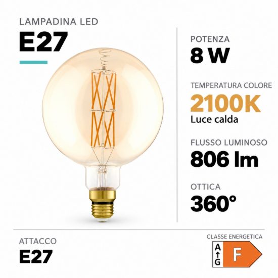 Eglo lampadina led e27 8w 2100k a globo ambrata 20cm dimmerabile