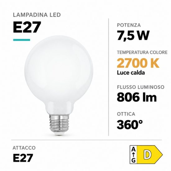 Eglo lampadina led e27 7,5w 2700k a globo opalina 9,5cm dimmerabile