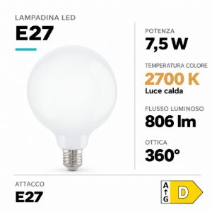 Eglo lampadina led e27 7,5w 2700k a globo opalina 12,5cm dimmerabile