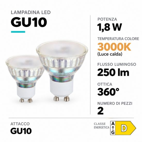 Eglo set 2 lampadine led gu10 2x1,8w 3000k a riflettore satinate