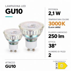 Eglo set 2 lampadine led gu10 2x2,1w 3000k a riflettore trasparenti