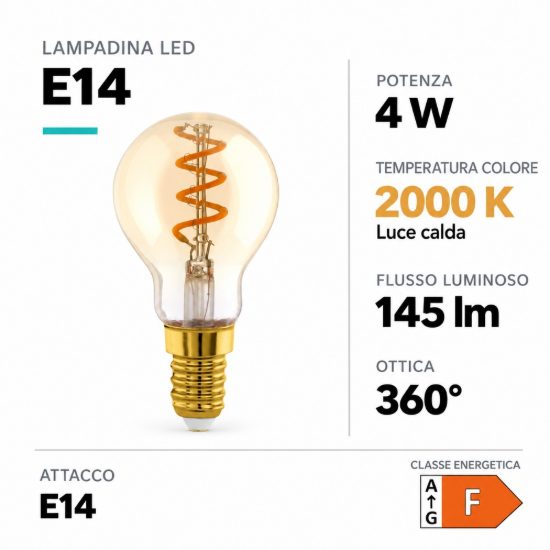 Eglo lampadina led e14 4w 2000k a sfera ambrata con filamento a spirale dimmerabile