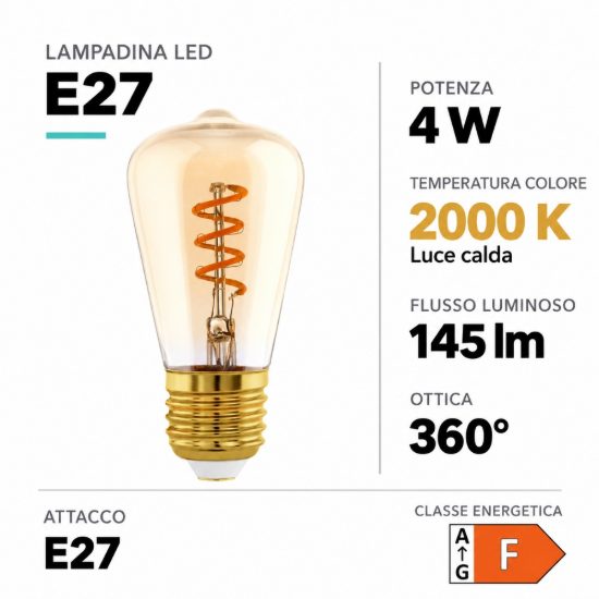 Eglo lampadina led e27 4w 2000k a oliva ambrata 4,8cm con filamento a spirale dimmerabile