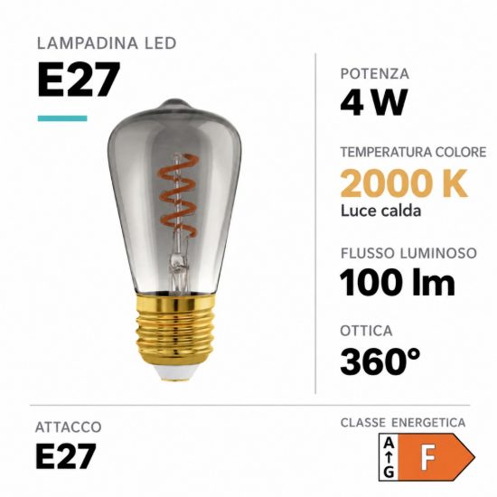 Eglo lampadina led e27 4w 2000k a oliva nera trasparente 4,8cm con filamento a spirale dimmerabile