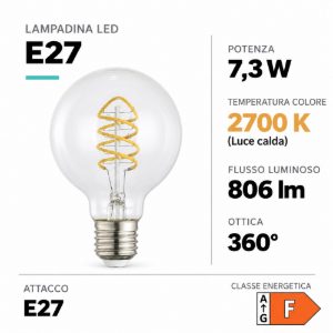 Eglo lampadina led e27 7,3w 2700k a globo trasparente 8cm con filamento a spirale