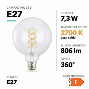 Eglo lampadina led e27 7,3w 2700k a globo trasparente 12,5cm con filamento a spirale