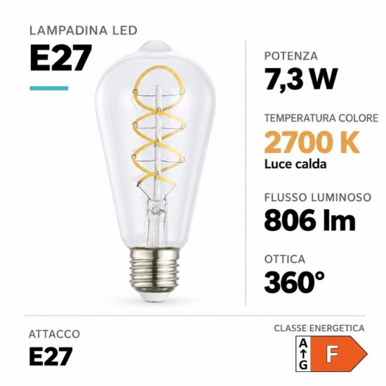 Eglo lampadina led e27 7,3w 2700k a oliva trasparente 6,4cm con filamento a spirale