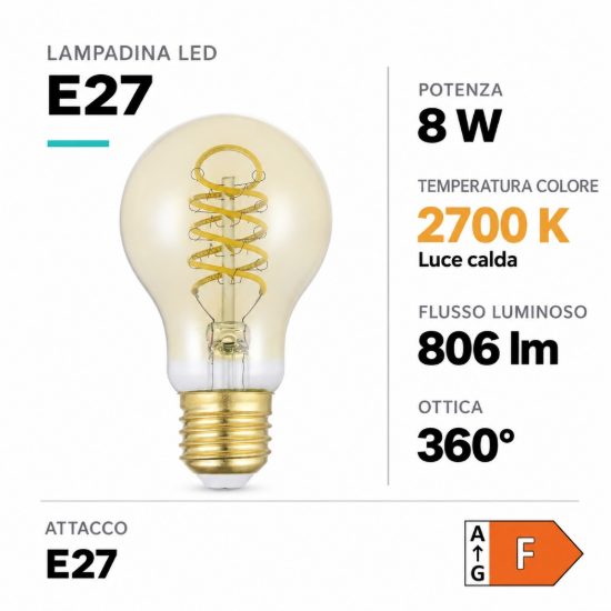 Eglo lampadina led e27 8w 2700k a goccia ambrata con filamento a spirale dimmerabile