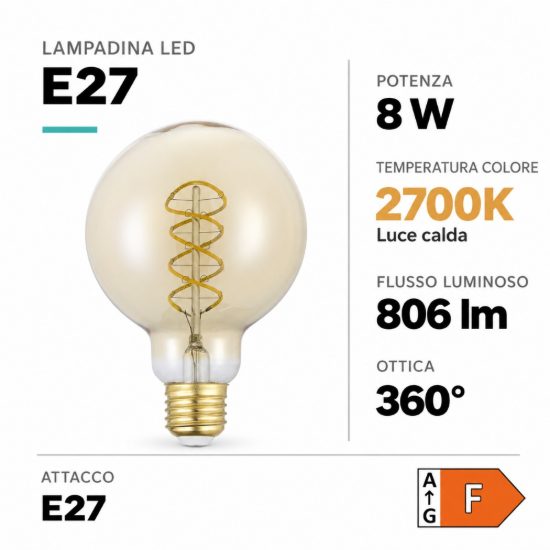 Eglo lampadina led e27 8w 2700k a globo ambrata 8cm con filamento a spirale dimmerabile