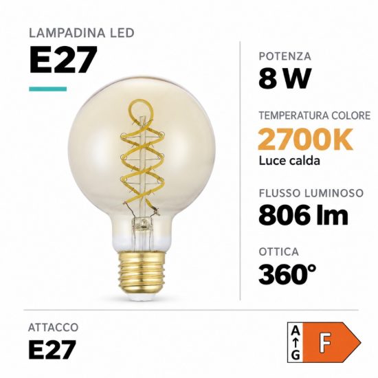 Eglo lampadina led e27 8w 2700k a globo ambrata 12,5cm con filamento a spirale dimmerabile