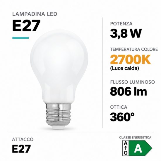Eglo lampadina led e27 3,8w 2700k a goccia opalina