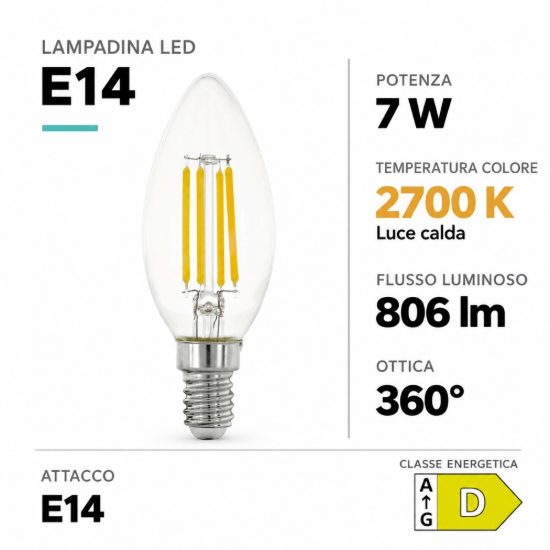 Eglo lampadina led e14 7w 2700k a candela trasparente h9,8cm a filamento dimmerabile