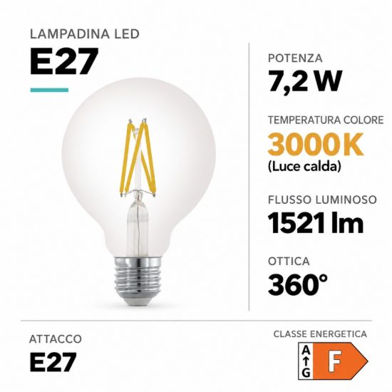 Eglo lampadina led e27 7,2w 3000k a globo trasparente dimmerabile
