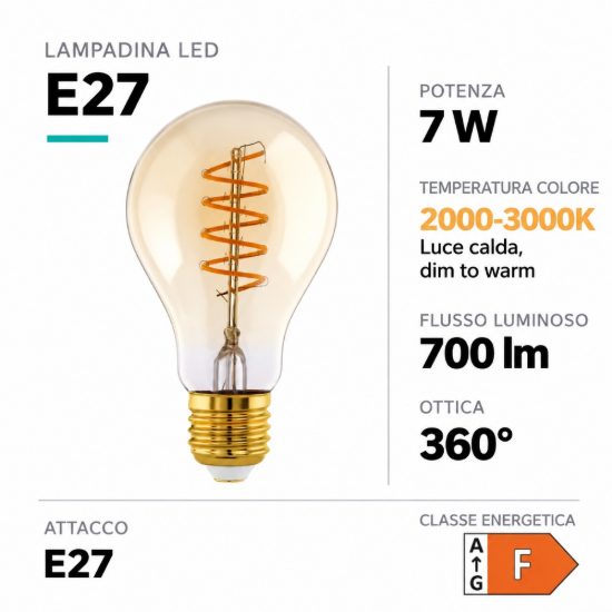 Eglo lampadina led e27 7w 2000-3000k a goccia ambrata dimmerabile dim to warm
