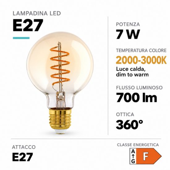 Eglo lampadina led e27 7w 2000-3000k a globo ambrata 8cm dimmerabile dim to warm
