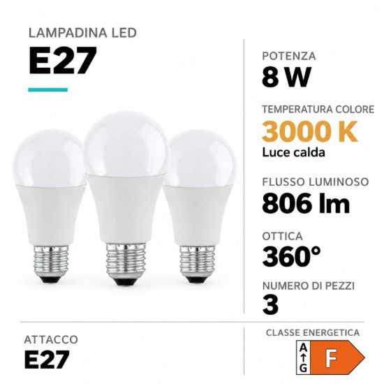 Eglo set 3 lampadine led e27 3x8w 3000k a goccia opaline