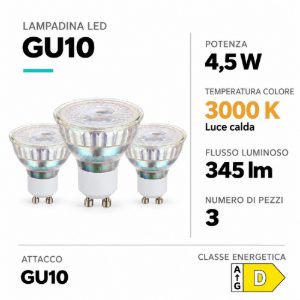 Eglo set 3 lampadine led gu10 3x4,5w 3000k a riflettore trasparenti