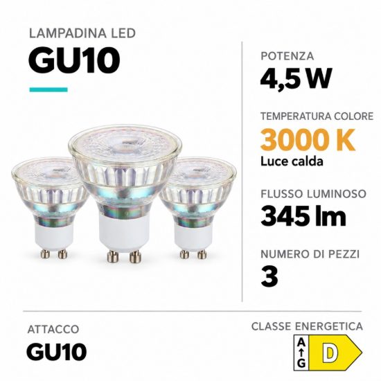Eglo set 3 lampadine led gu10 3x4,5w 3000k a riflettore trasparenti