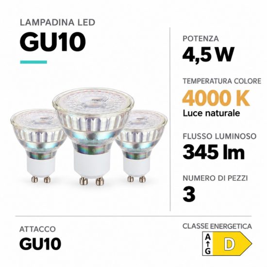 Eglo set 3 lampadine led gu10 3x4,5w 4000k a riflettore trasparenti