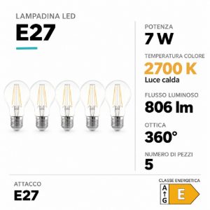 Eglo set 5 lampadine led e27 5x7w 2700k a goccia trasparenti