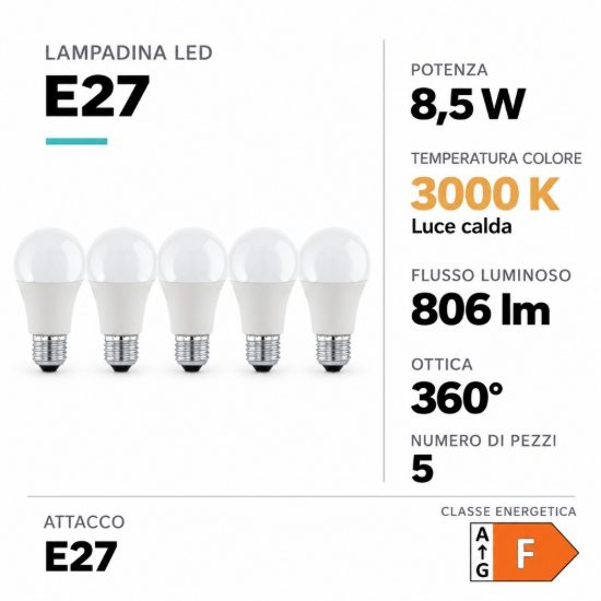Eglo set 5 lampadine led e27 5x8,5w 3000k a goccia opaline