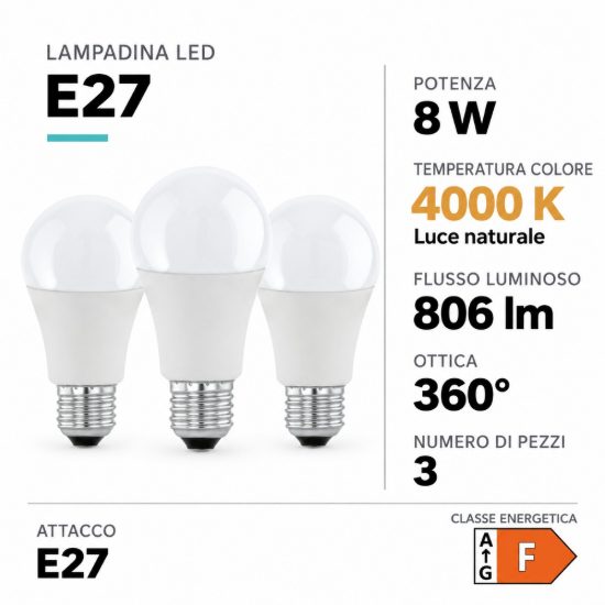 Eglo set 3 lampadine led e27 3x8w 4000k a goccia opaline