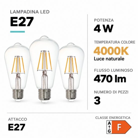 Eglo set 3 lampadine led e27 3x4w 4000k a oliva trasparenti