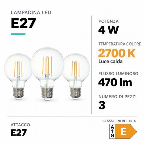 Eglo set 3 lampadine led e27 3x4w 2700k a globo trasparenti