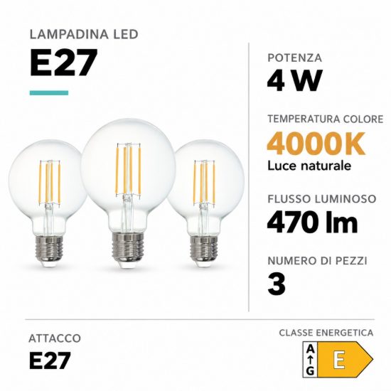 Eglo set 3 lampadine led e27 3x4w 4000k a globo trasparenti