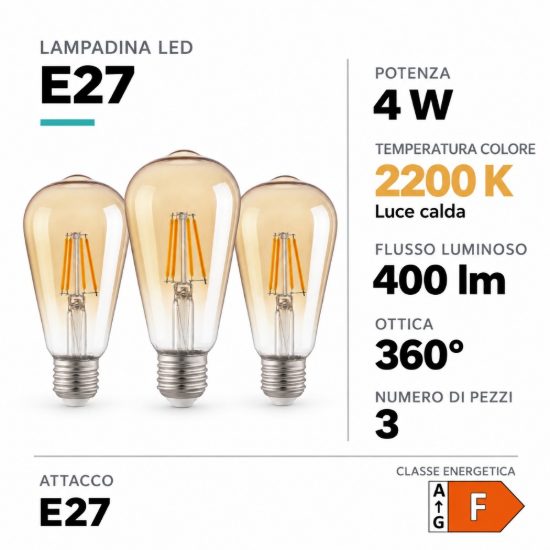 Eglo set 3 lampadine led e27 3x4w 2200k a oliva ambrate