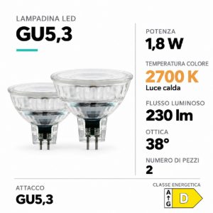 Eglo set 2 lampadine led gu5,3 mr16 2x1,8w 2700k a riflettore trasparenti 12v