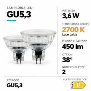 Eglo set 2 lampadine led gu5,3 mr16 2x3,6w 2700k a riflettore trasparenti 12v