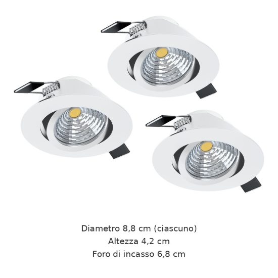 Eglo saliceto set 3 faretti da incasso per cartongesso orientabili led 19,2w 4000k bianco