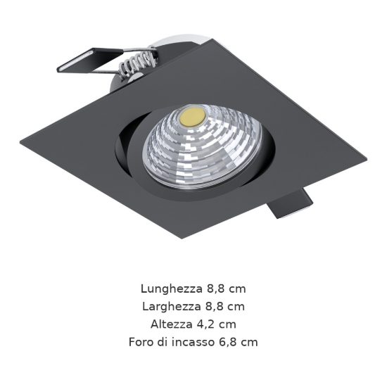 Eglo saliceto faretto da incasso per cartongesso orientabile led 6,4w 4000k quadrato nero