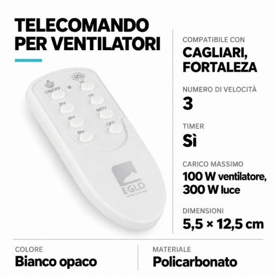 Eglo telecomando per ventilatori da soffitto 3 velocità con timer 12,5cm bianco