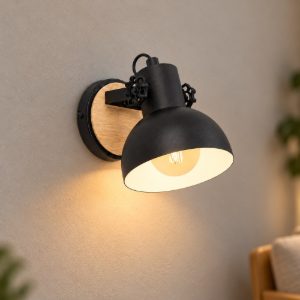 Eglo lubenham applique da parete nero e marrone legno per soggiorno 18cm