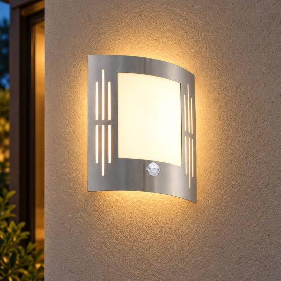Eglo city applique da esterno 23,5cm ip44 moderna rettangolare a pannello acciaio inox con sensore di movimento