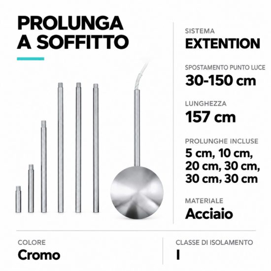 Eglo extention prolunga a soffitto per spostamento punto luce 157cm cromo