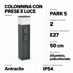 Eglo park 5 colonnina da esterno con 2 prese e luce e27 50cm ip54 antracite