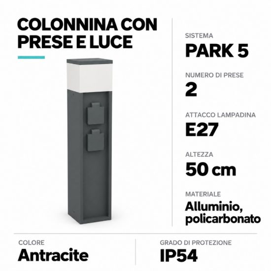 Eglo park 5 colonnina da esterno con 2 prese e luce e27 50cm ip54 antracite