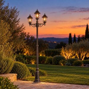 Eglo navedo lampione da giardino 3 luci 220cm ip44 classico a lanterna nero e argento patinato
