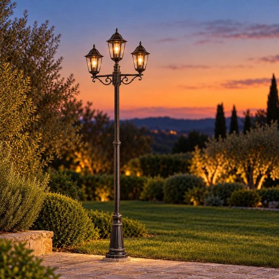 Eglo navedo lampione da giardino 3 luci 220cm ip44 classico a lanterna nero e argento patinato